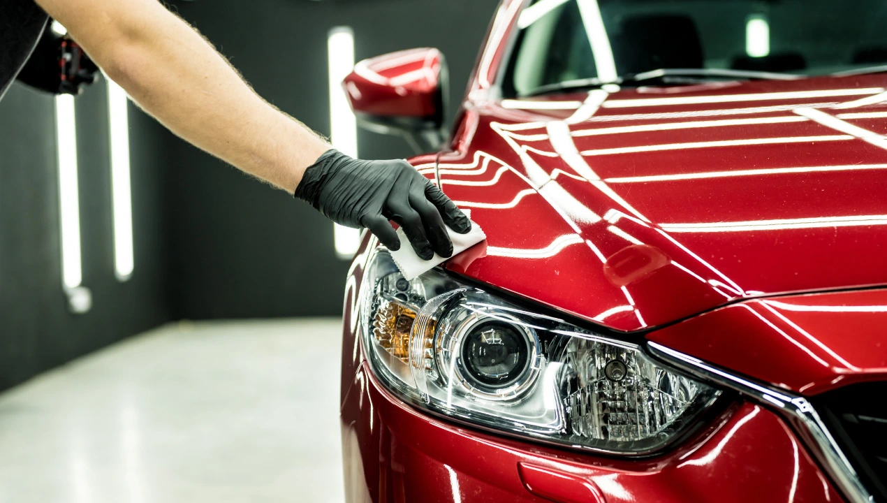 man put hand on red car detailing