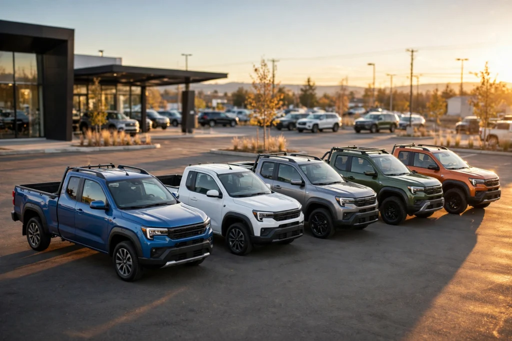 Row of 2026 small pickup trucks