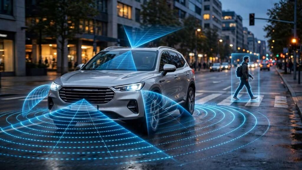 Car using advanced driver assistance systems to detect a pedestrian