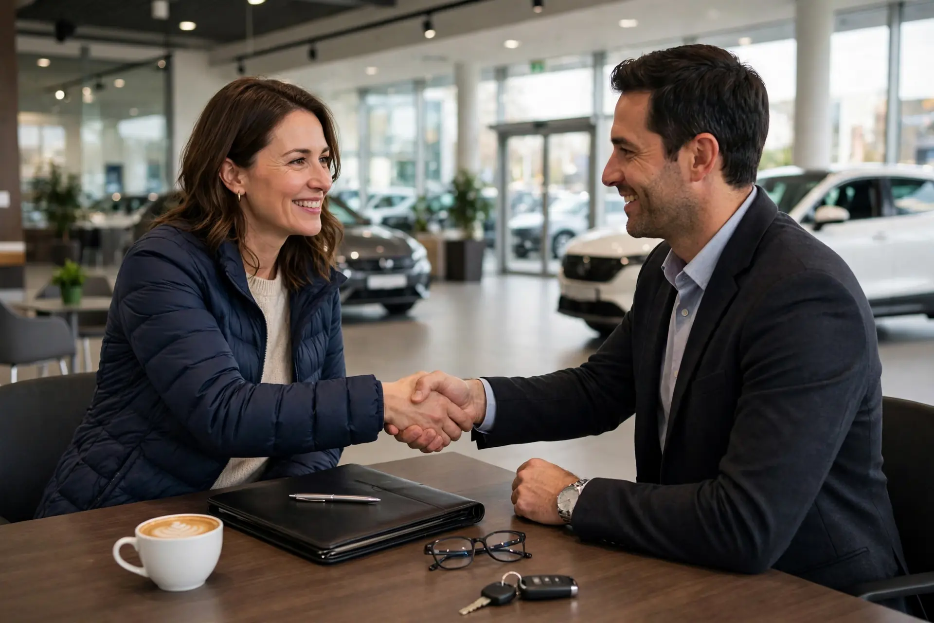 A buyer and salesperson shaking hands over a desk inside a car dealership showroom, cars visible in the background