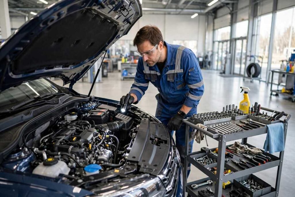 Mechanic inspecting a car in a service center