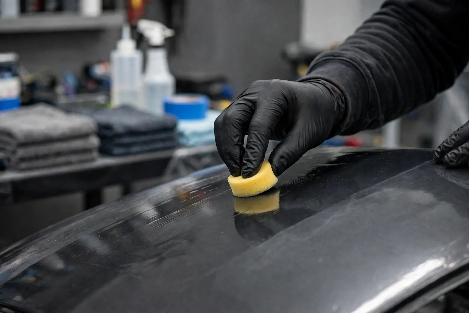A detailer in gloves applying a coating to a car panel with a small applicator pad in a workshop