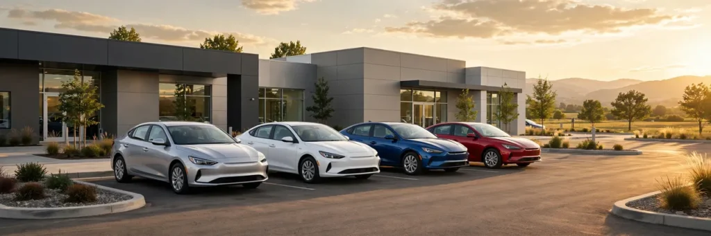 Affordable new sedans lined up at a dealership