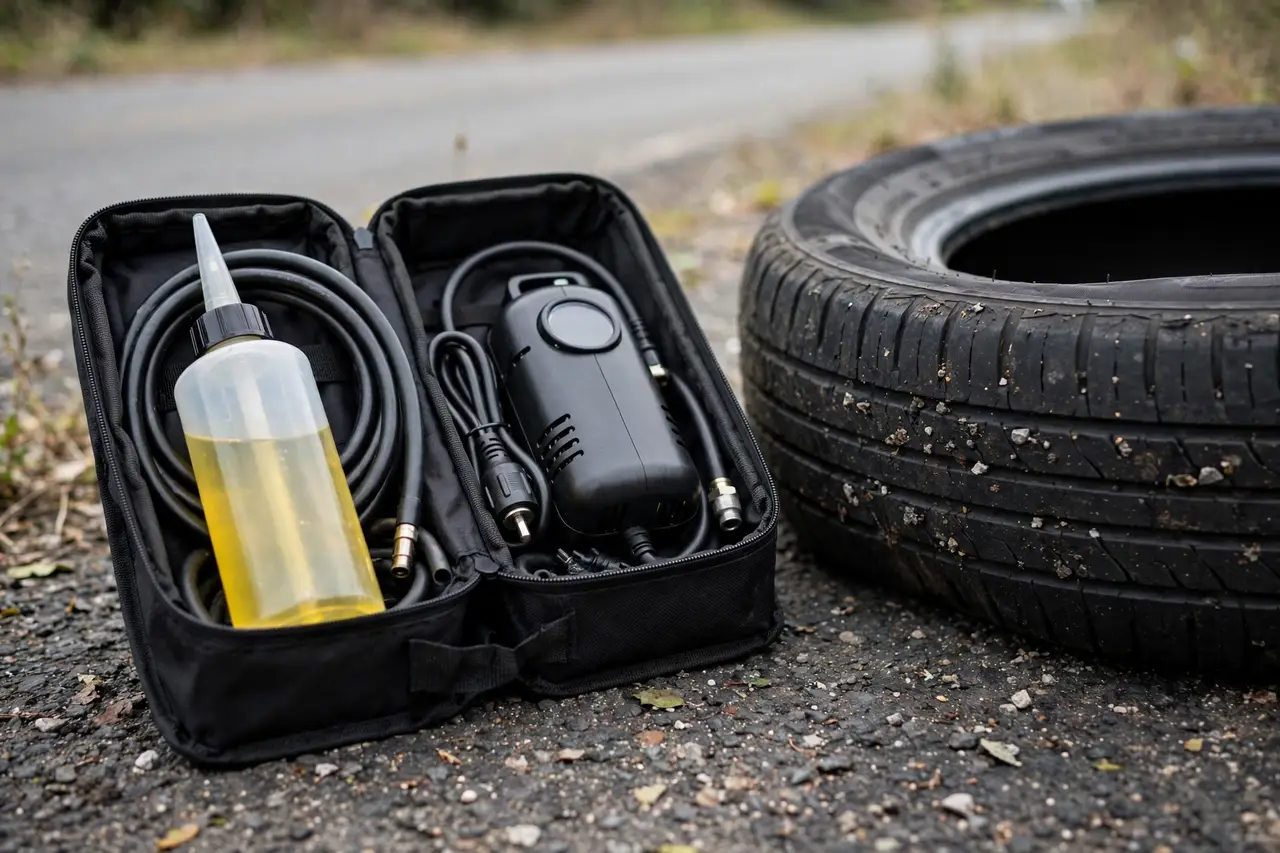 Close-up of a Honda emergency tire repair kit sealant bottle and compressor