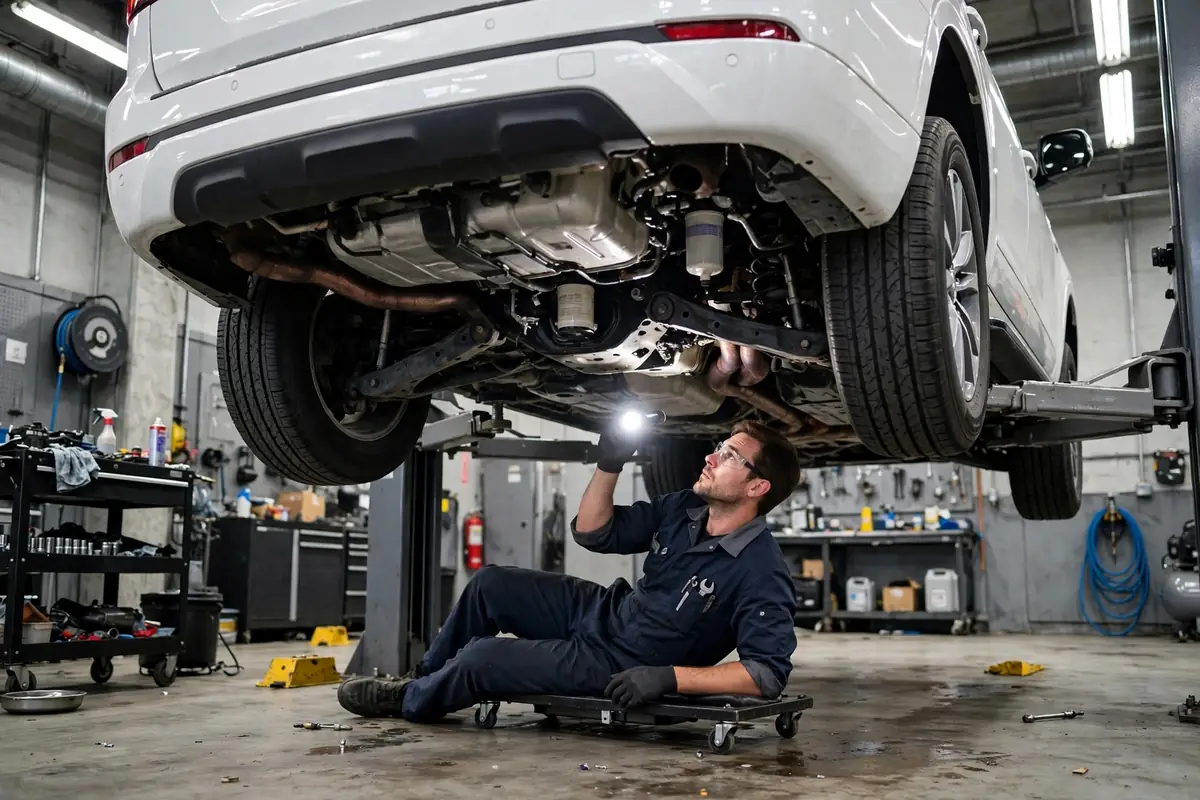 Mechanic inspecting the underside of a Toyota Land Cruiser Hybrid on a workshop lift