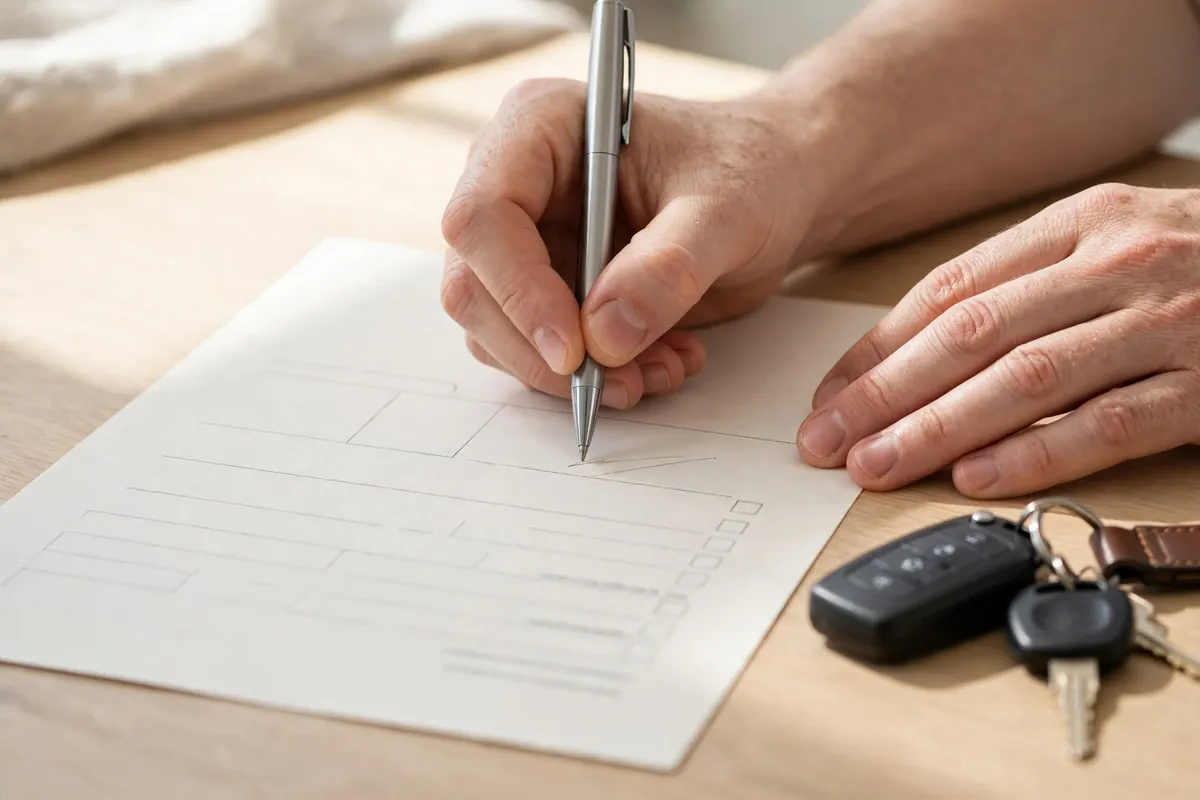 Two people completing paperwork at a bank counter, one signing a document