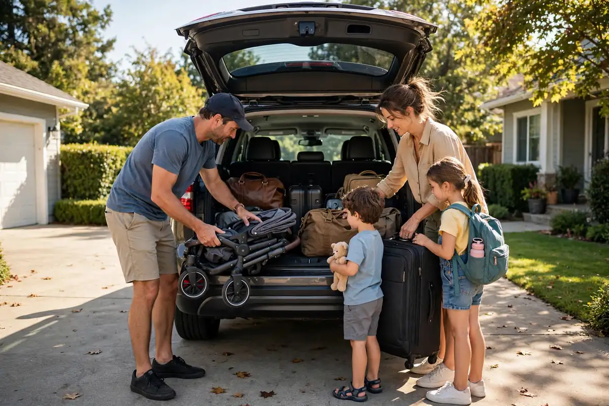 Family loading luggage into a three-row SUV